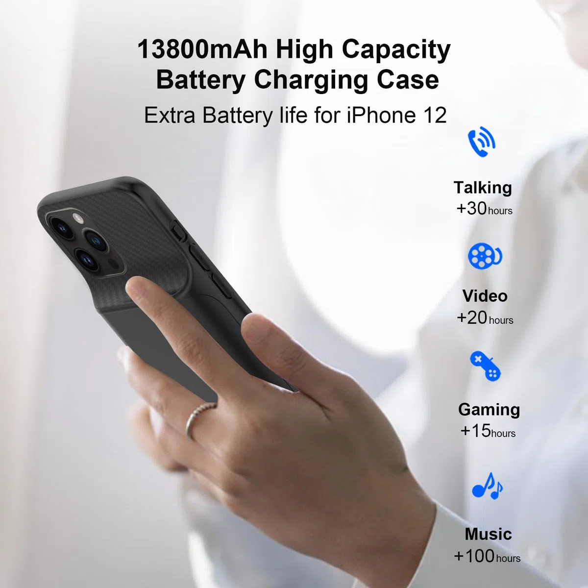 Custodia con batteria per iPhone 12/12 Pro da 6,1 pollici, 13800 mAh, ad alta capacità, con pellicola protettiva, colore nero