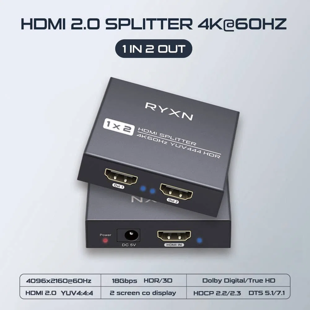 Splitter HDMI 2.0 1 in 2 Out 4K 60Hz, HDCP Bypass, Dolby Atmos, YUV 4:4:4, HDCP2.2/2.3, EDID, LPCM5.1/7.1, compatibile Roku, Apple TV, Fire Stick, lettore Blu-ray, PS5/4/3, Xbox e altro ancora