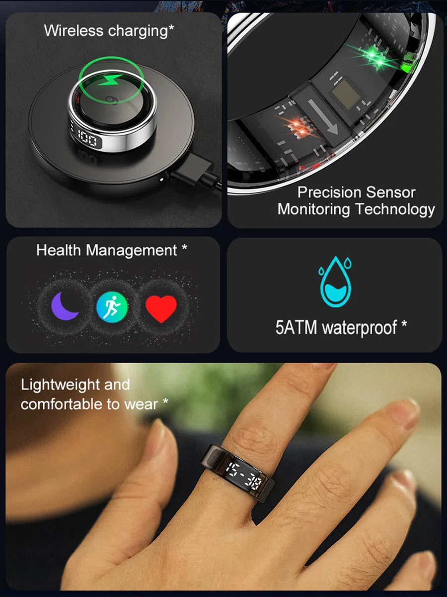 findtime Smart Ring Fitness Ring con display LED Display Smartring Uomo Donna Android iOS Contapassi cardiofrequenzimetro SpO2 Fitness Tracker Anello Sonno Attività Tracker IP68 Tik Tok Scrolling Ring