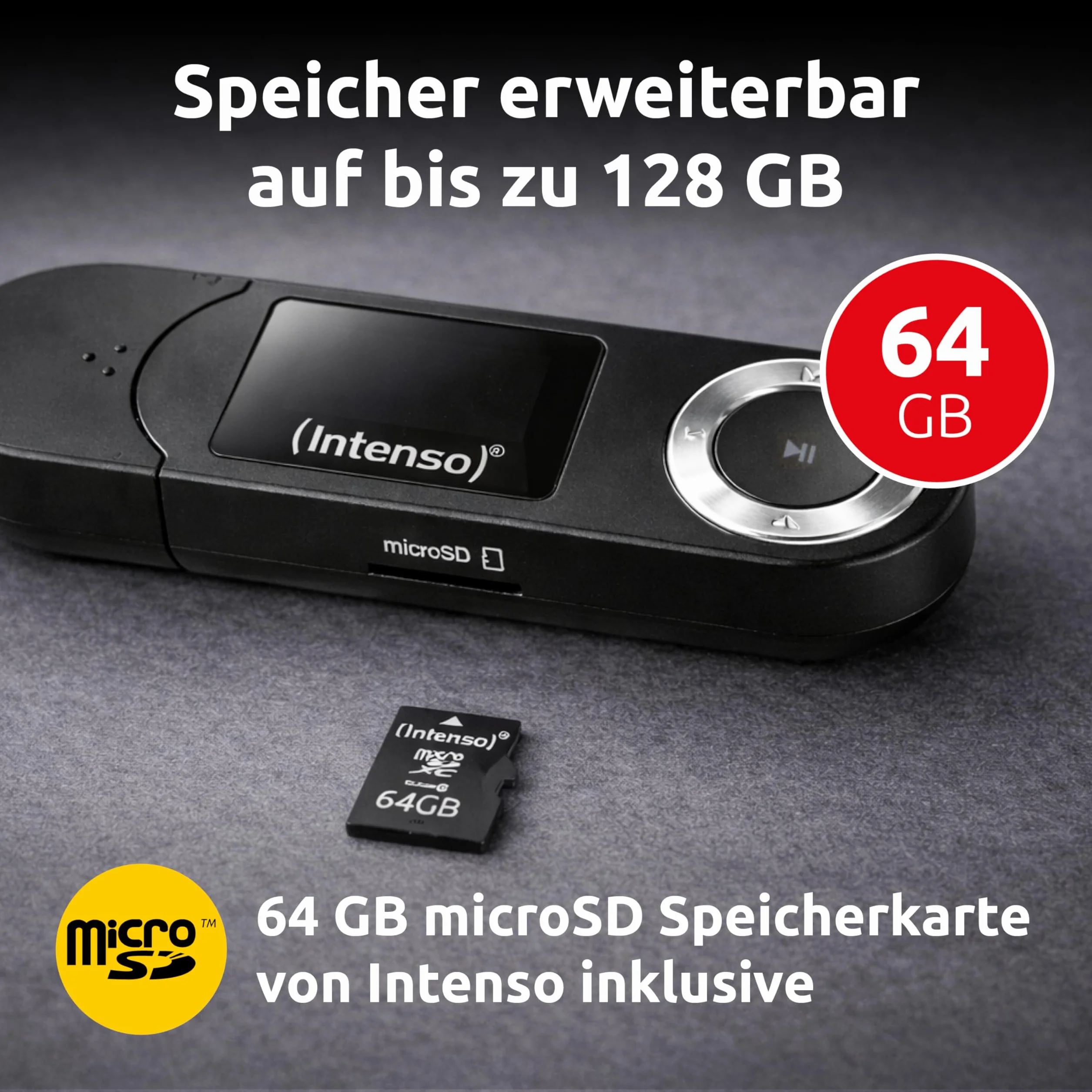 Intenso Music Walker MP3 Player 64 GB con display LCD, scheda microSD, USB 2.0, batteria AAA, cuffie, nero