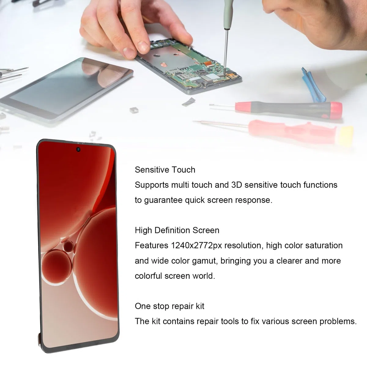 Cryfokt Kit di Sostituzione Schermo Telefono da 6,74 Pollici con Test Rigorosi per 3 5G CPH2493 CPH2491, Digitalizzatore Display Multi Touch Screen per Professionisti della Riparazione