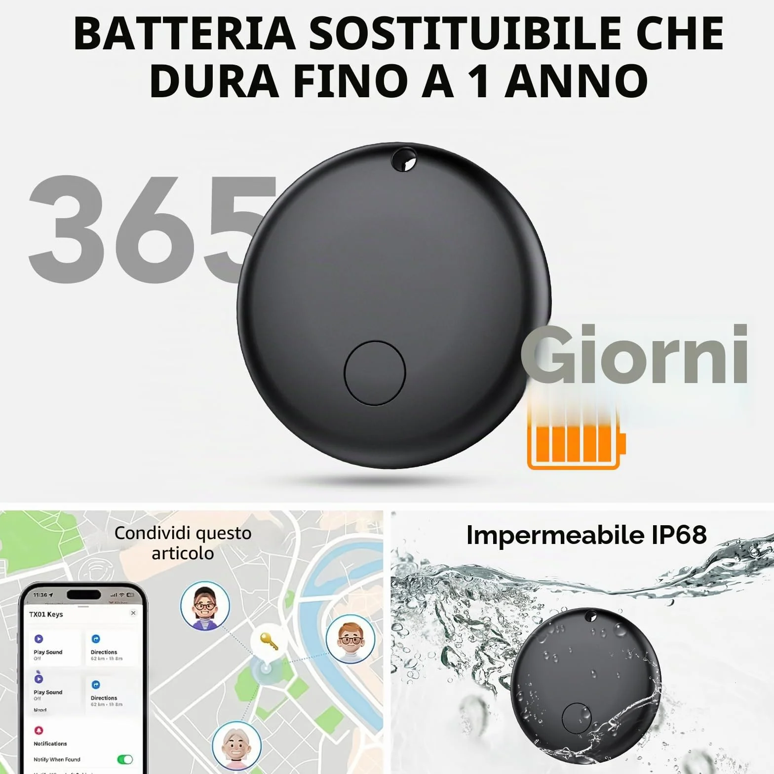 Android Smart Tag, Tracker con Google's Find Hub (Solo Android), IP68 Impermeabile, Bluetooth Localizzatore con Custodia Protettiva, Trova Oggetti per Chiavi/Bagagli/Portafogli, 4 Nero