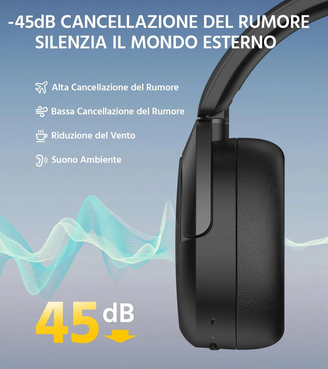 Edifier W830NB - Cuffie wireless Over Ear con -45dB ANC, batteria 94 ore, LDAC Hi-Res, audio spatial, ricarica rapida, Bluetooth V5.4, colore: Nero