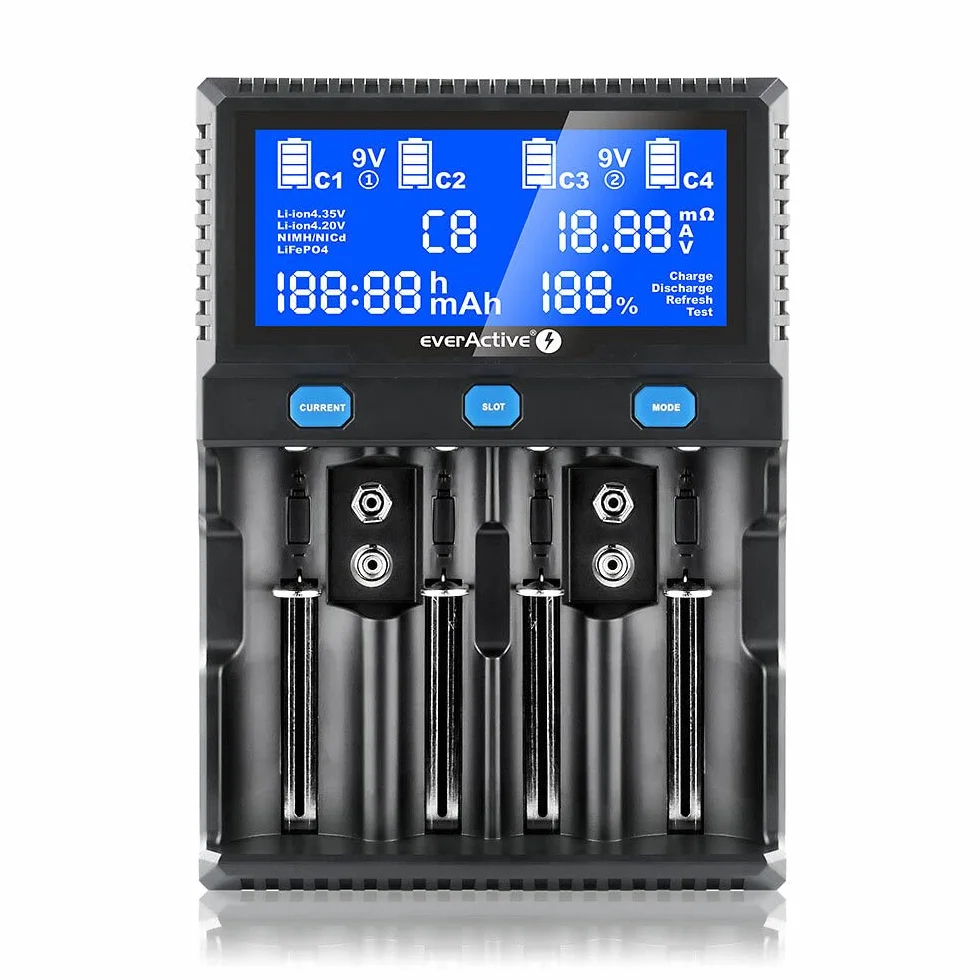 everActive Caricabatterie 4 cilindrici Li-Ion e NI-MH Professionale Veloce e Universale Display LCD Test di capacità Modello UC4200