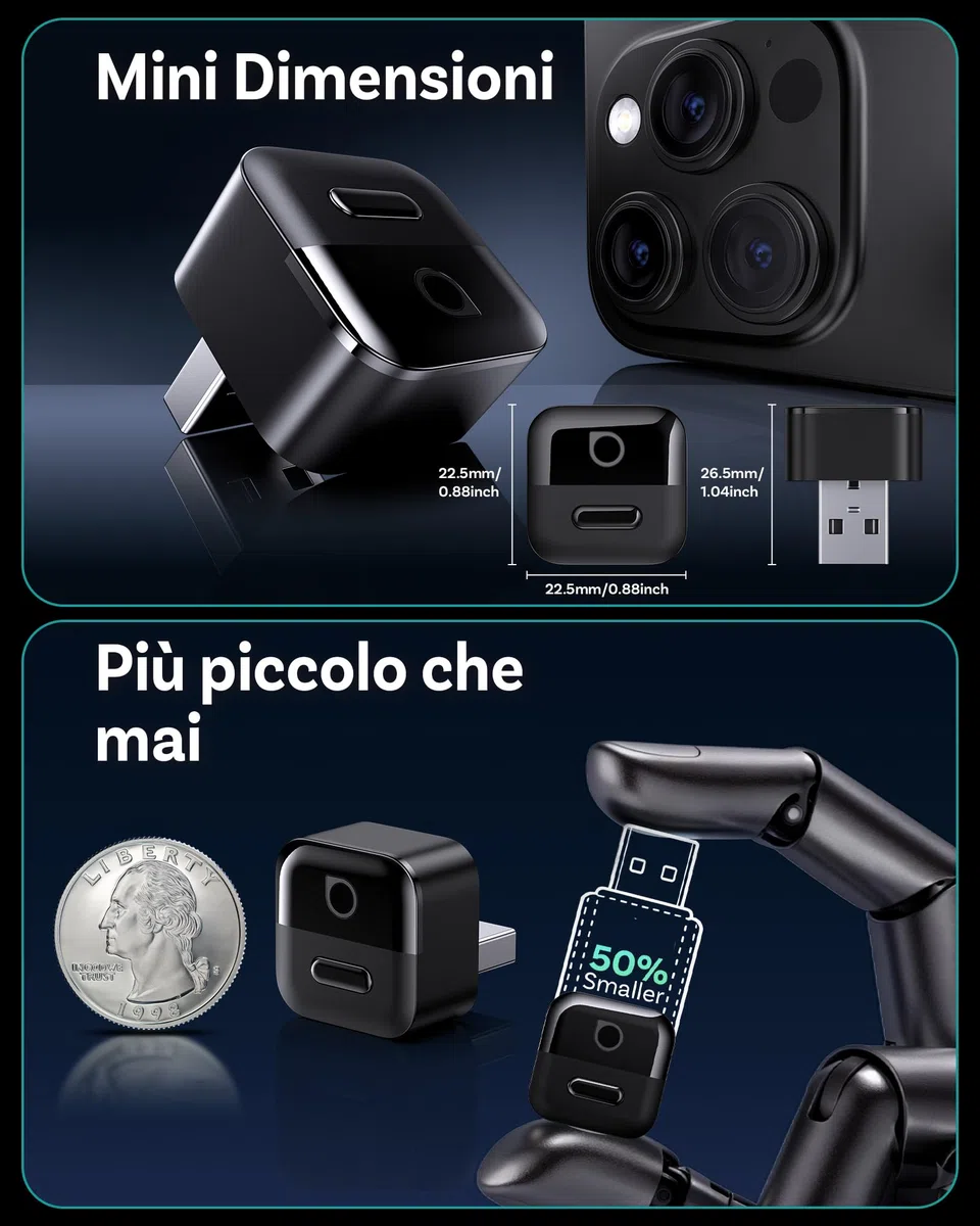 OTTOCAST Mini Pico 2026, Adattatore Wireless 2 in 1 CarPlay e Android Auto per iOS 10+/Android 11+, Pulsante Intelligente, Plug & Play, USB A/Type-C, Aggiornamento OTA, Converte Cablate in Wireless