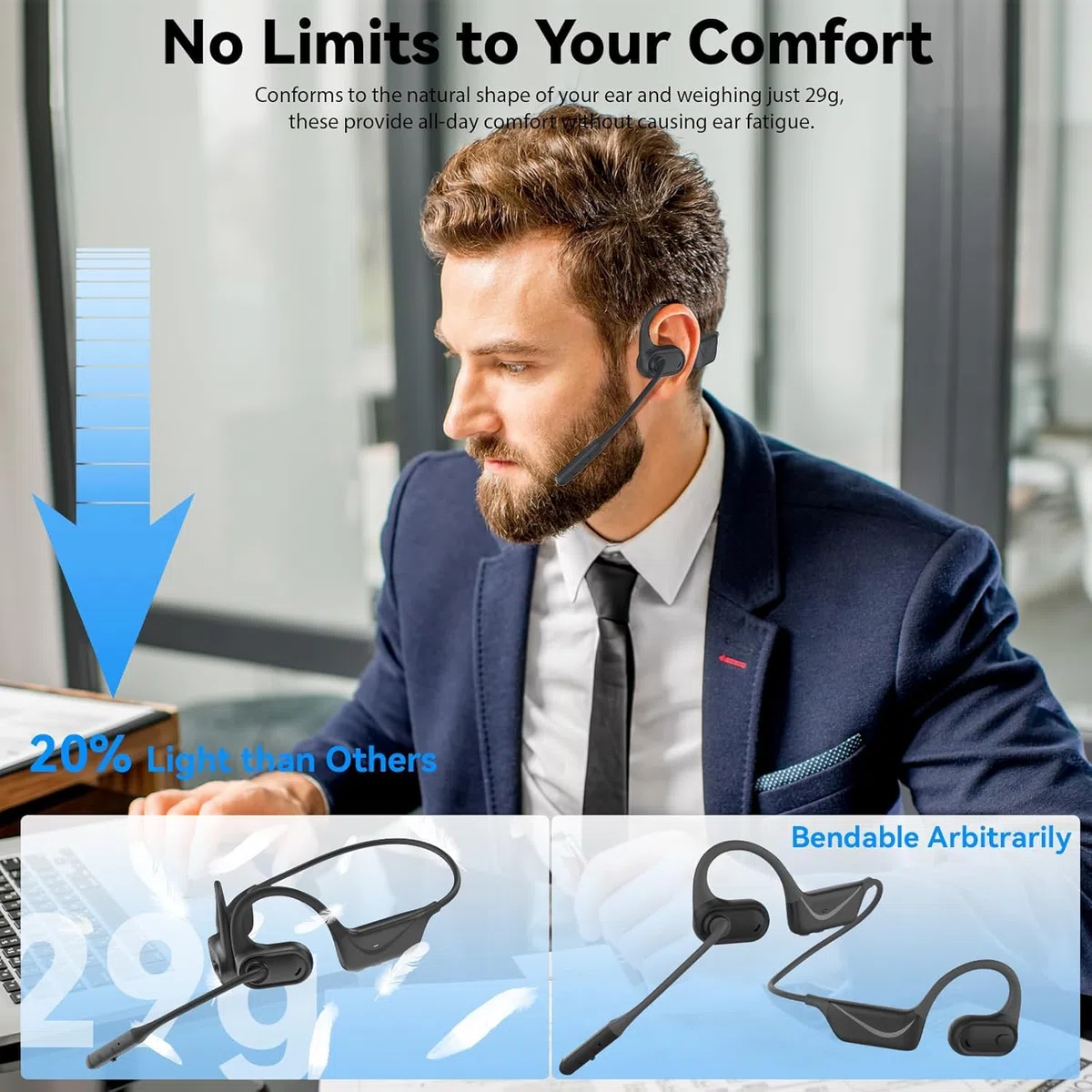 Open-Ear Cuffie Bluetooth 5.4 con Microfono, Pulsante Muto per Casa Ufficio | Cancellazione del rumore, Non a conduzione ossea
