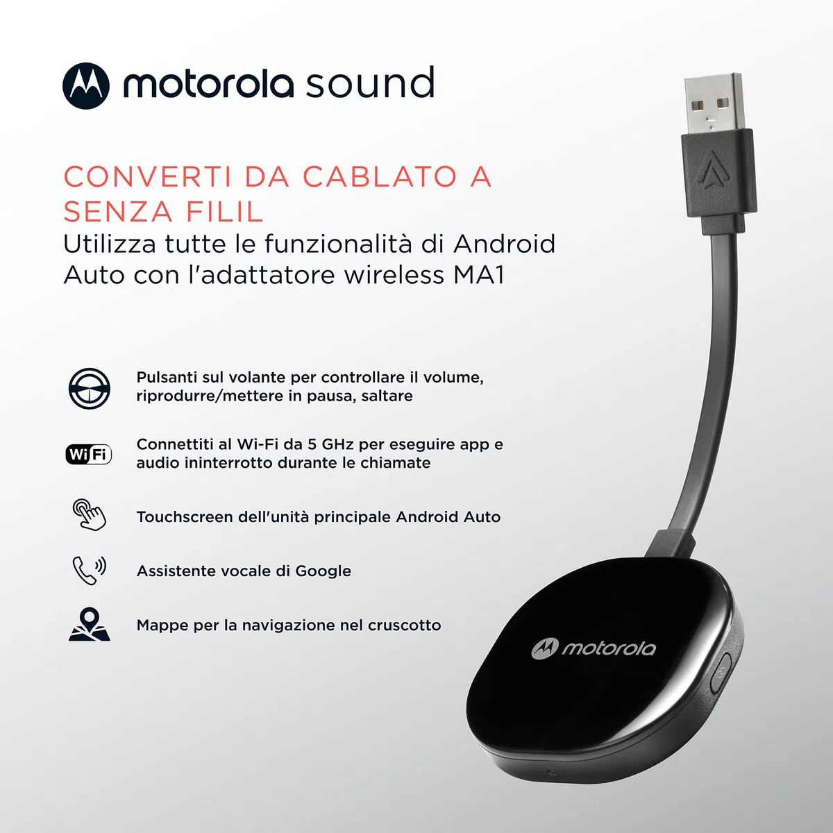 Motorola Sound MA1 - l'unico Google autorizzato Wireless Android Auto Car Adapter - Connessione istantanea dallo smartphone allo schermo dell'auto con facile configurazione