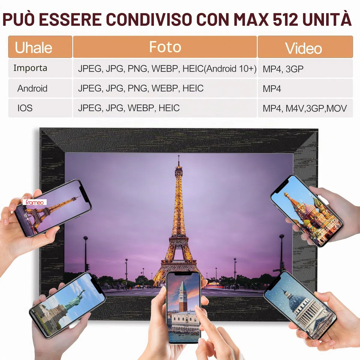 Cornice digitale WiFi - Cornice digitale elettronica da 10,1 Pollici 1280 x 800 HD con memoria da 16 GB, touchscreen IPS con rotazione automatica, controllo tramite app Uhale