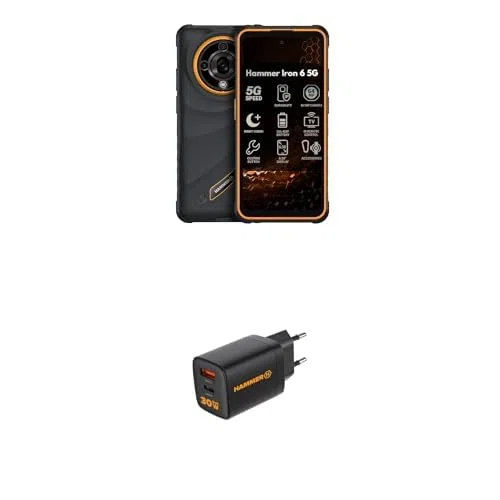 Hammer H Iron 6 5G - Smartphone rugged 8 GB RAM/256 GB + RapidCharge Duo 30W | Display da 5,6" a 120 Hz, Fotocamera da 65 MP, 6050 mAh, Android 15, Nero-Arancione
