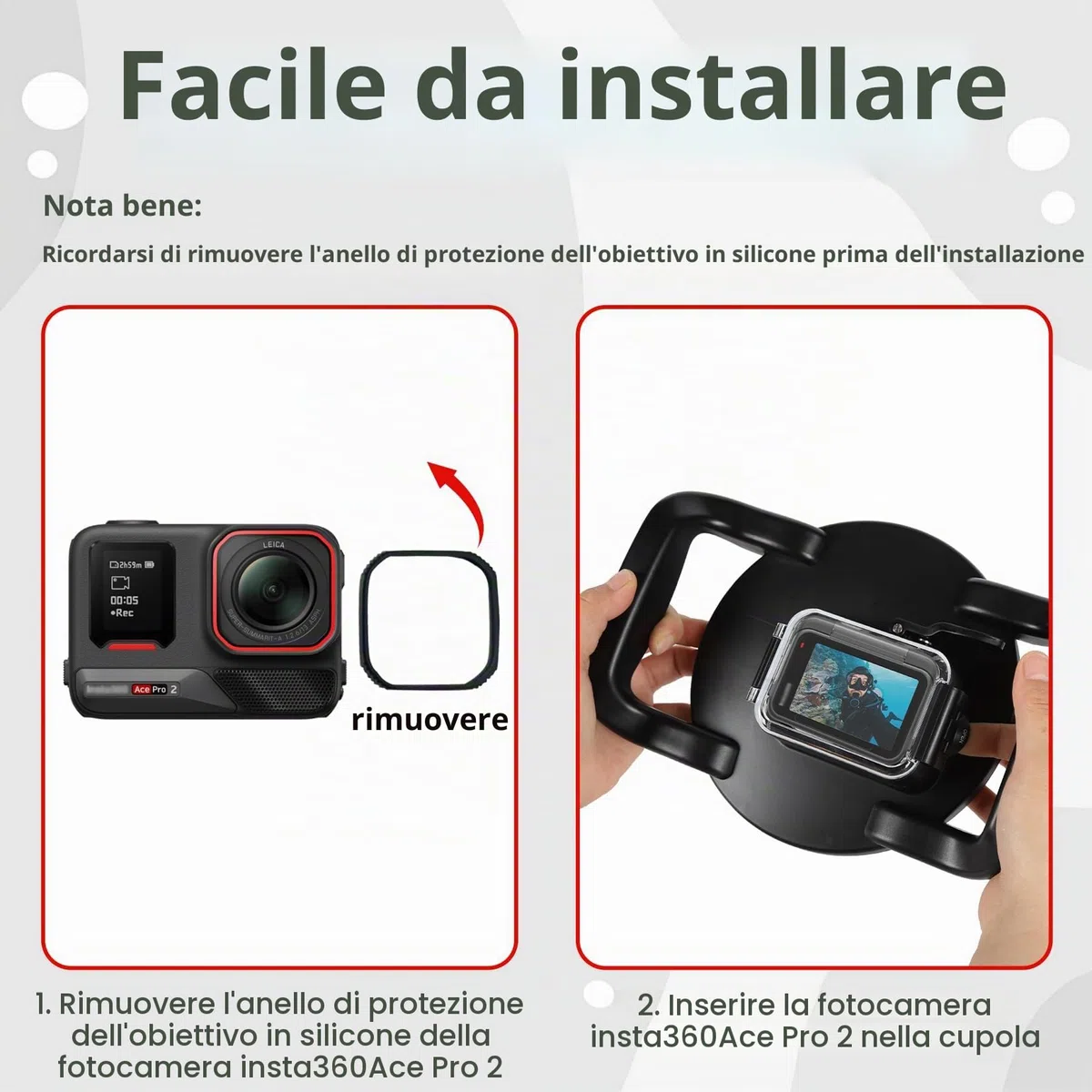 Porta a cupola subacquea per Insta360 Ace Pro 2, obiettivo a cupola per fotocamera, sistema di chiusura a portello ben progettato, impermeabile fino a 30 m, custodia impermeabile per immersioni