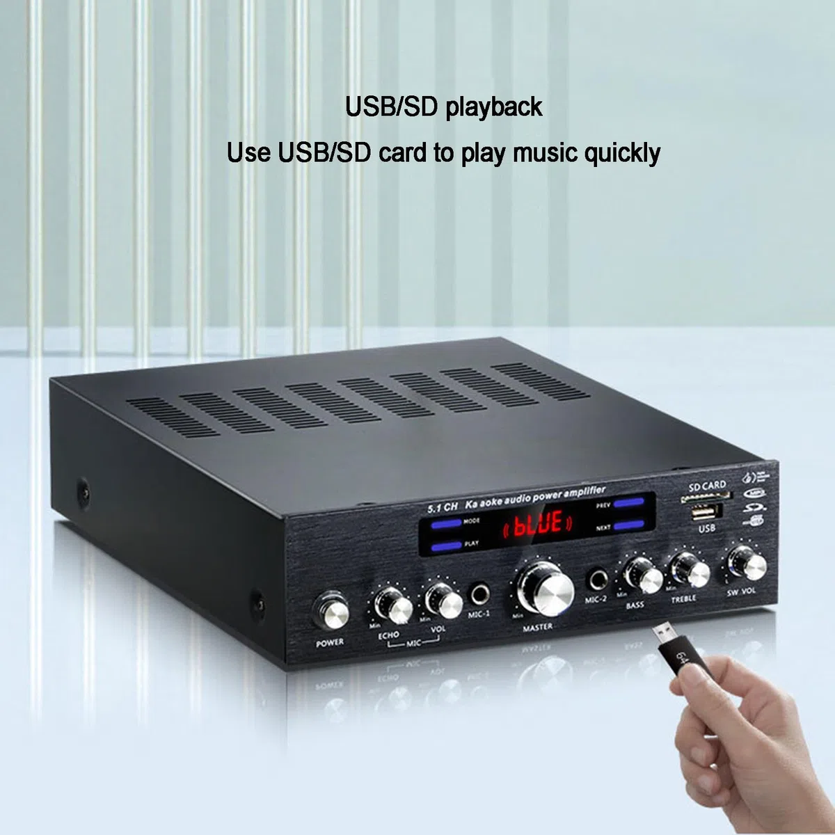 Amplificatore Bluetooth 5.1, Amplificatore Audio Stereo HiFi per Altoparlanti, con Display LCD E Telecomando, Ingresso USB/SD/RCA/Mic