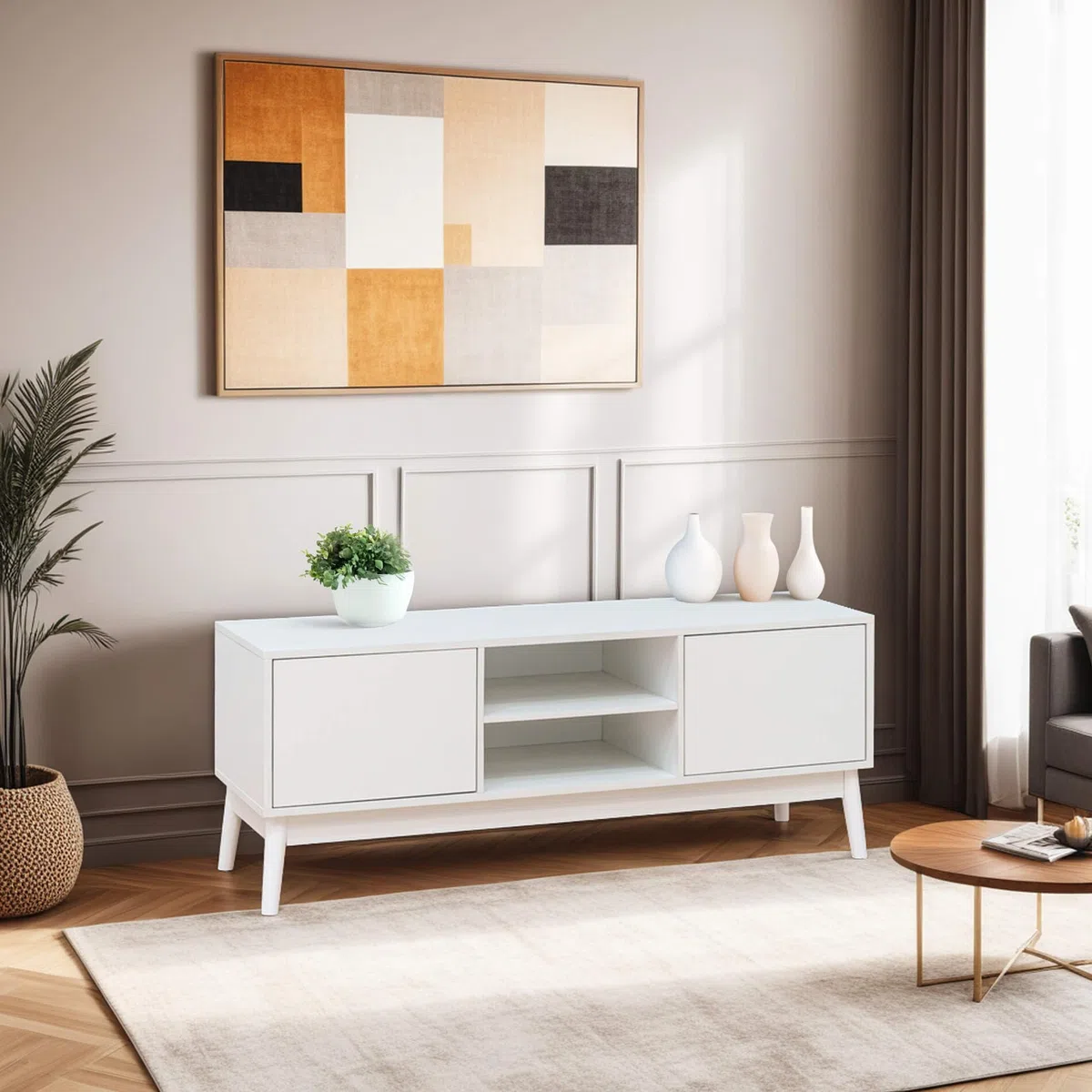 Rebecca Mobili Mobile Porta Tv, Credenza Bassa per Salotto, Bianco, Truciolato Nobilitato, con 2 Ante e 2 Ripiani, con Foro Passacavi - Misure HxLxP: 48 x 120 x 39,5 cm - Art. RE7066