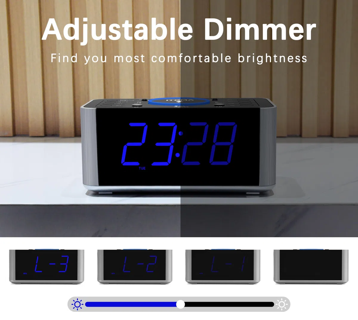 iTOMA Radiosveglia con ricarica wireless da 5 W, snooze, Bluetooth, doppia sveglia, display LED da 1,4'', dimmer, orologio con ricarica USB per comodino 206