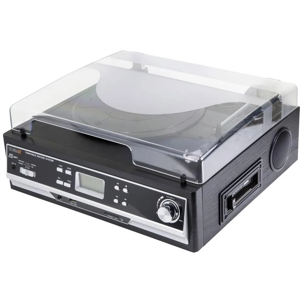 Technaxx Giradischi & Digitalizzatore di Cassette con Bluetooth – Lettore Vinile e Cassette con 3 Velocità 33/45/78 giri/min, Altoparlanti Stereo, Display LED, Uscita RCA, Nero – TX-22+