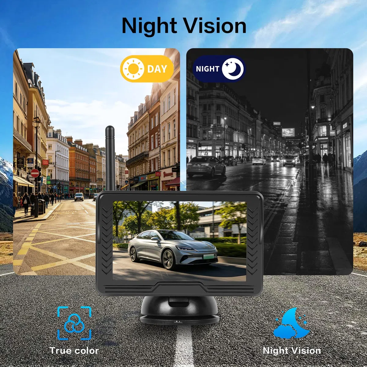 Hikity 5" IPS Display AHD Kit Telecamera Retromarcia Wireless per Veicoli Telecamera Impermeabile IP69 Linee a Griglia Grandangolare
