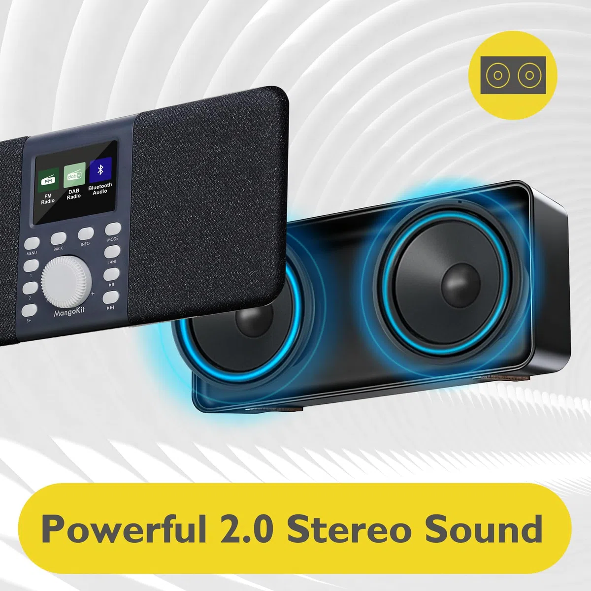 MD5 DAB stereo con altoparlante Bluetooth,digitale DAB+,radio FM da alimentata a rete e a batteria,display a colori,40stazioni preimpostate,sveglia e orologio,Snooze,porta cuffie-grigio scuro
