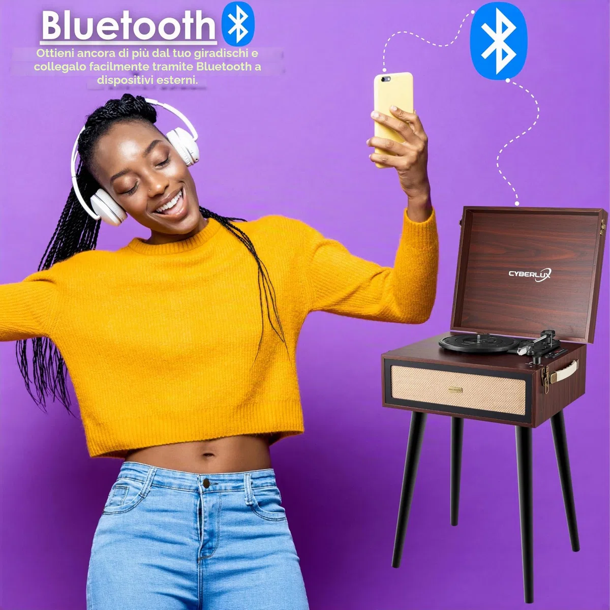 Giradischi con supporto, in stile retrò, con altoparlante Full Range, Bluetooth, radio FM, USB, Line-Out AUX IN Micro SD, slot in vinile, nostalgico, giradischi con piedini