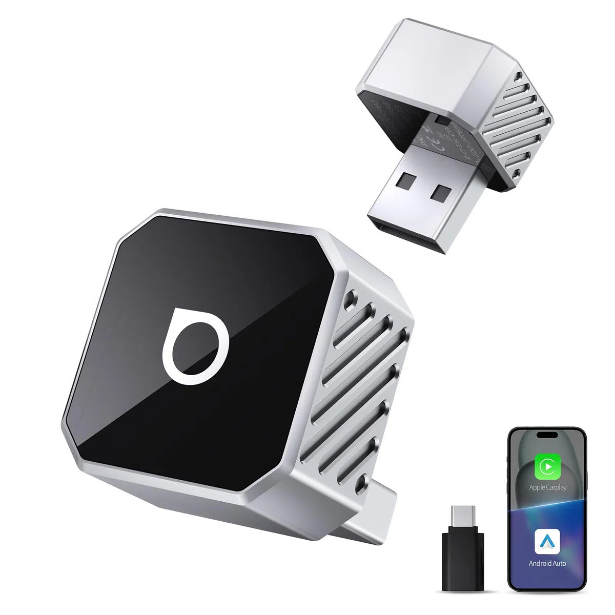 OTTOCAST Mini Pot 2025, Adattatore Wireless 2 in 1 per CarPlay e Android Auto, Compatibile con iOS 10+/Android 11+ e Auto dal 2016 in Poi, Plug & Play, USB-A/Type-C, Aggiornamento OTA, Argento