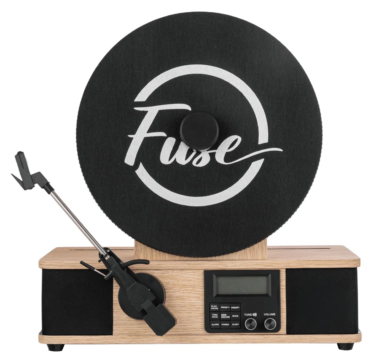 Fuse Giradischi verticale avvolgente con supporto Bult In, lettore in vinile moderno Mid-Century con altoparlanti integrati e Bluetooth, radio FM, giradischi audio domestico per dischi in vinile da 12