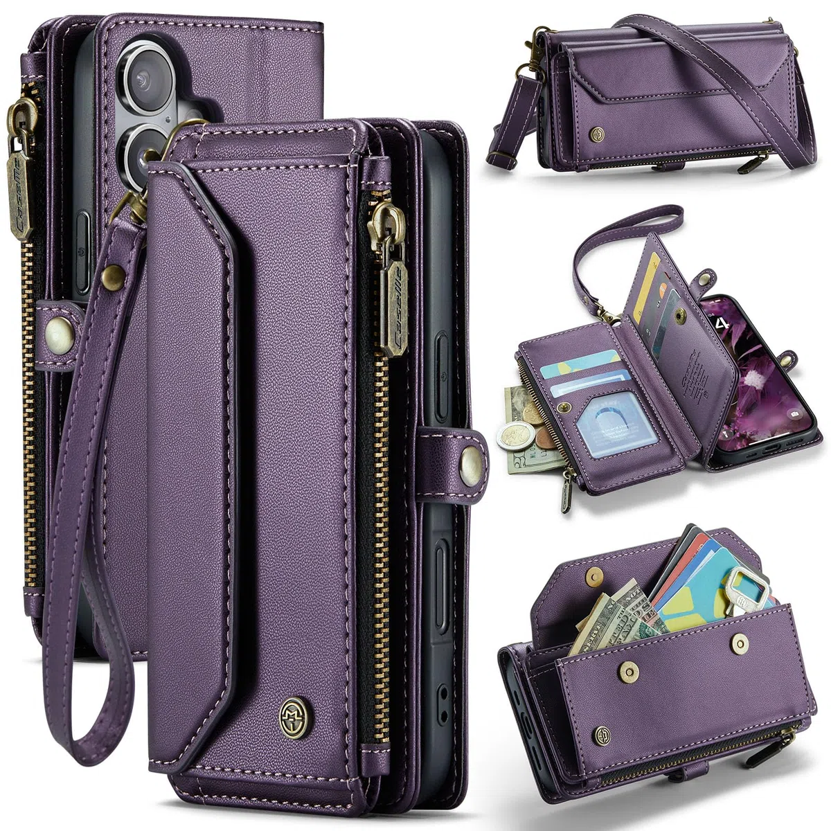Dteck Custodia a portafoglio per iPhone 16 2024, con tracolla e cordino da polso, blocco RFID, slot per carte e tasche, custodia protettiva in pelle PU con funzione borsa/supporto, viola