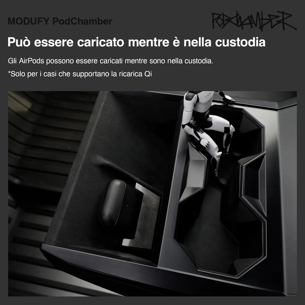 PodChamber Tesla esclusivo Supporto di ricerca per Auricolari abilitati Qi (Compatibile con Qi / Earbuds / Soundcore P40i / NOTHING Ear / Cybertruck / Stainless / Model3 / ModelY / Tesla)
