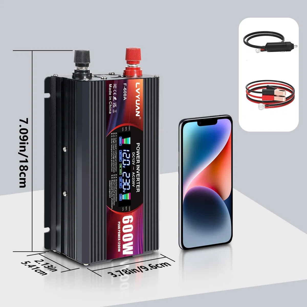 LVYUAN 600W/ 1200W Convertitore di tensione da CC 12 V a CA 220 V 1 presa CA e 2 porte USB Convertitore di corrente Inverter per auto, camper, camion