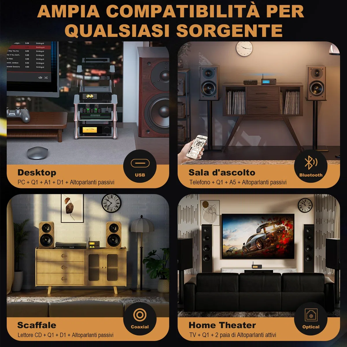 Convertitore Digitale-Analogico Ampapa Q1: DAC USB HiFi 768kHz/32bit DSD512, Amplificatore Cuffie Bluetooth 5.2 APTX-HD con ESS9039+AK4493 per Amplificatori Stereo Domestici e Ascolto da Scrivania