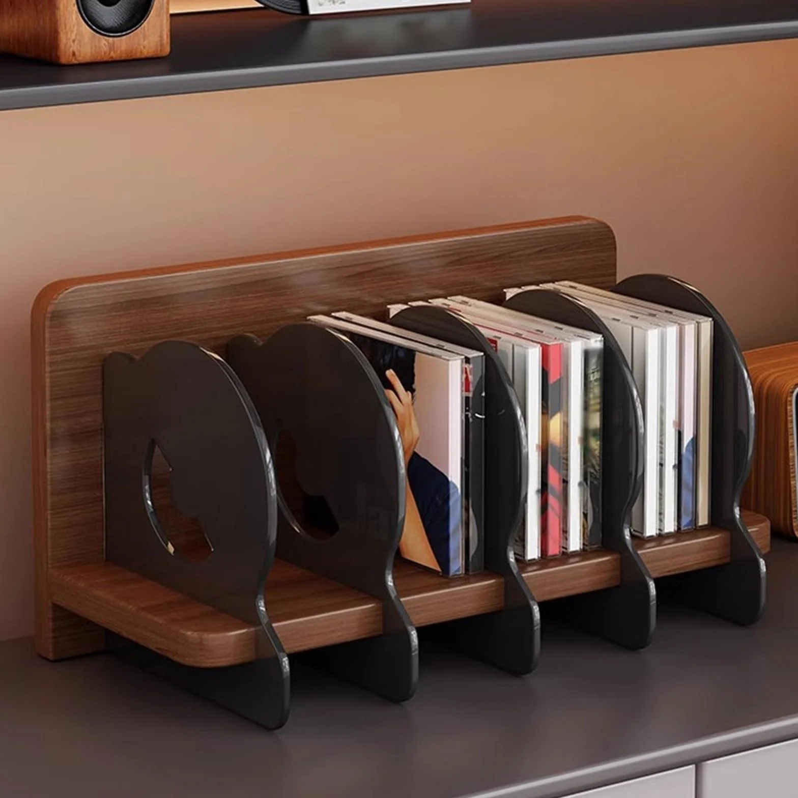 Ufficio Desktop in legno con divisorio in acrilico for display for dischi in vinile Scaffale porta dischi