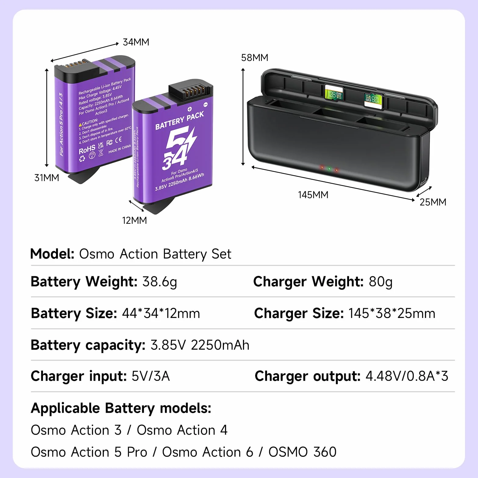 2250mAh Osmo Action 5 Pro Batteria Con Caricabatterie Per DJI Osmo 360/Action 6/Action 5 Pro/Action 4/Action 3, 3-channel Caricabatterie e custodia di ricarica rapida USB con cavo di tipo C