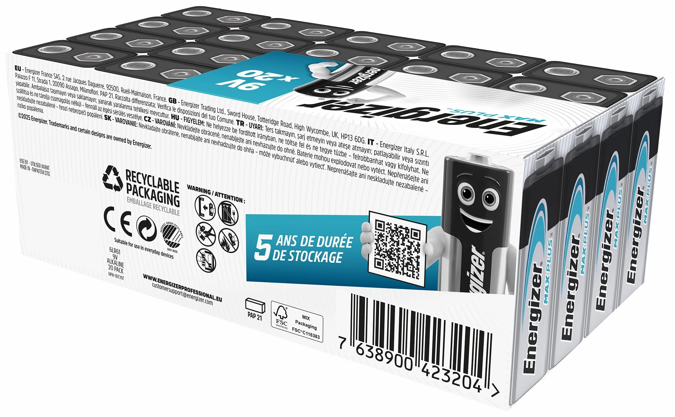Energizer Max Plus - Batterie alcaline da 9 V, confezione da 20