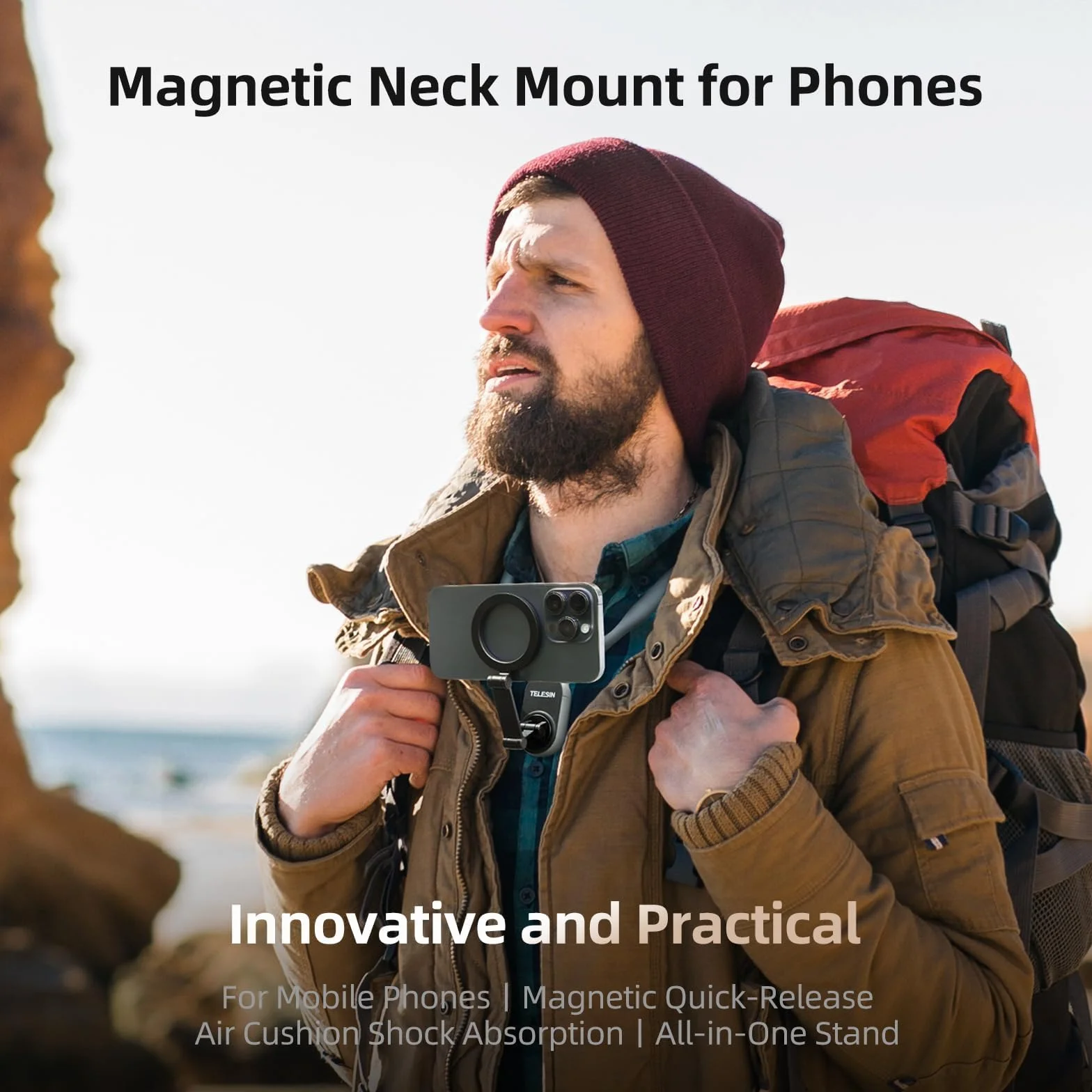 TELESIN Supporto Magnetico Selfie per Telefono da Collo, POV/VLOG Collana Magnetica per Telefoni Cellulari per Magsafe Portacellulare da Collo per iPhone 17 16 15 14 13 PRO 12 Max Android (Gray)