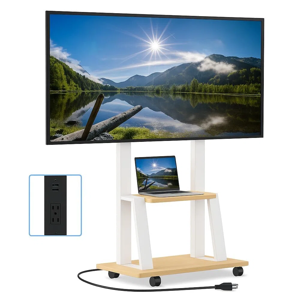 Supporto TV mobile per TV da 32-80 pollici, carrello TV mobile con presa di corrente, supporto TV da esterno con ruote, supporto portatile per TV LCD OLED 4K piatto/curvo max VESA 600x400 mm