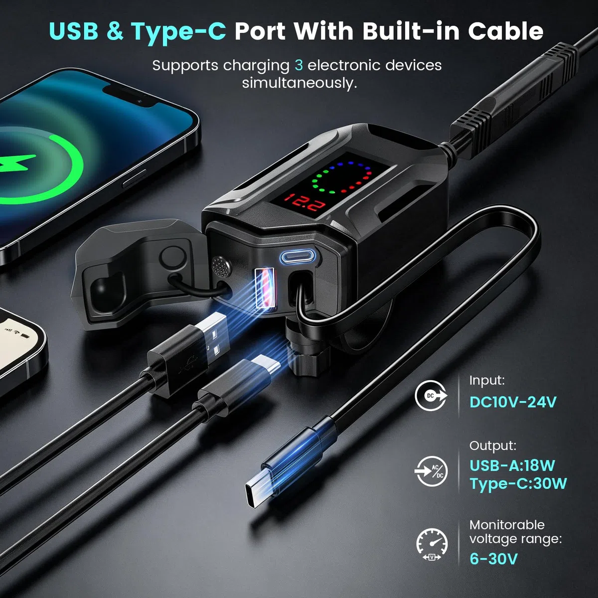 USB Moto Impermeabile con un cavo di ricarica rapida Type-C retrattile lungo 70 CM, 3 in 1 Caricabatterie da Moto per Cellulare USB con Interruttore Voltmetro LED per SUV Marine Motorcycle (2)