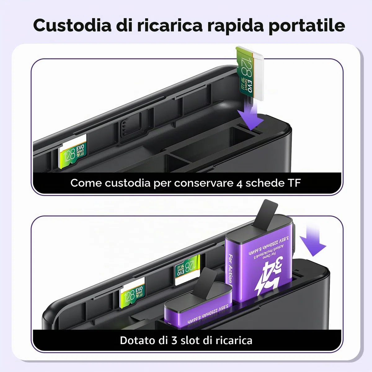 2250mAh Osmo Action 5 Pro Batteria Con Caricabatterie Per DJI Osmo 360/Action 6/Action 5 Pro/Action 4/Action 3, 3-channel Caricabatterie e custodia di ricarica rapida USB con cavo di tipo C