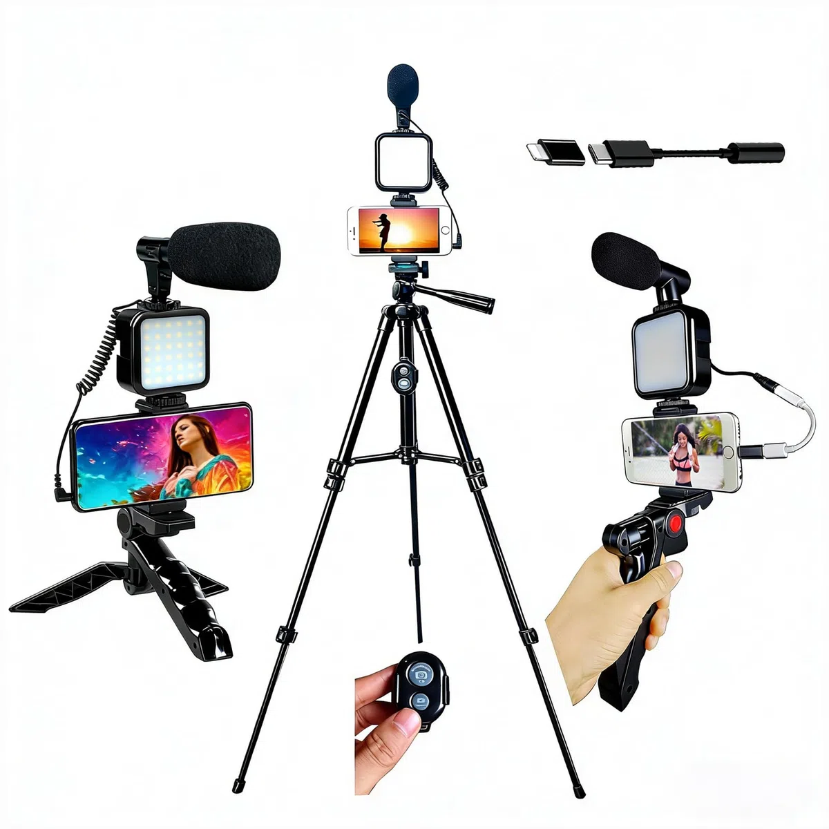 Kit di vlogging per iPhone, kit di vlogging per telefono Android, YouTube Starter Kit con due treppiedi luce microfono telecomando e adattatore jack
