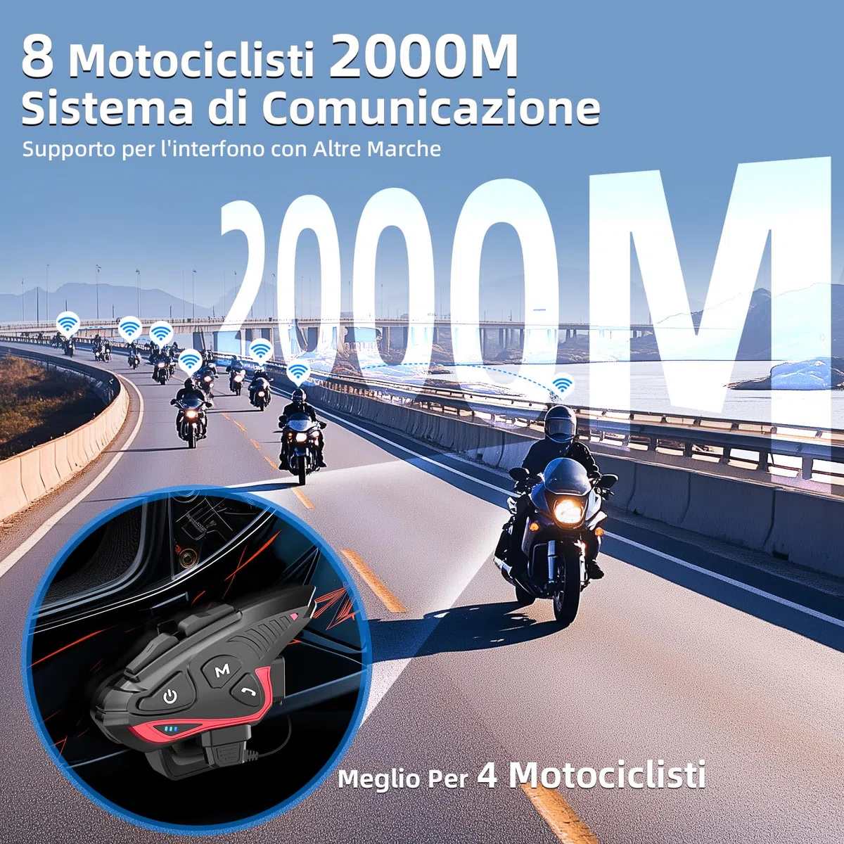 Moman Interfono Moto, CP-S Auricolare Casco Moto 8 Motociclisti 2000M Sistema di Comunicazione Connettività Universale con Radio FM Cancellazione del Rumore Condivisione Musica Impermeabile, Singolo