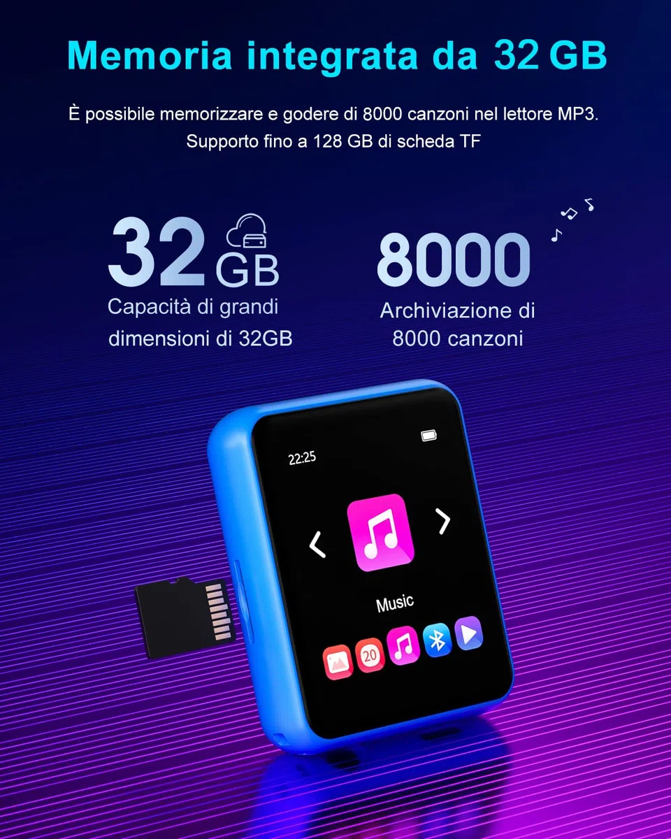 32GB Lettore MP3 con Bluetooth 5.0, Portatile Hi-Fi Sound Lettore di musica con Altoparlante, Line-in Registratore Vocale, Radio FM, e-book, Full Touch Schermo, Supporto fino a 128 GB di schede
