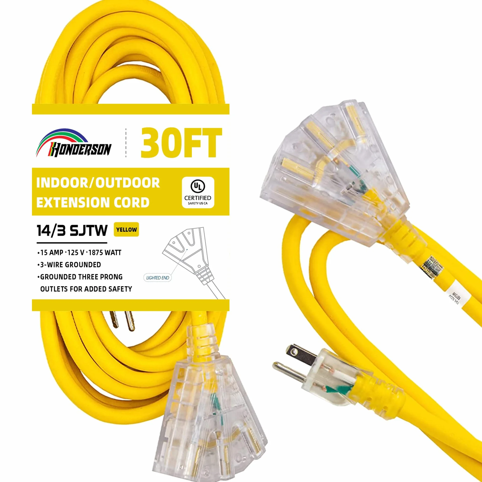 Cavo di prolunga illuminato per esterni, 30 m, 3 prese, robusto cavo di prolunga SJTW giallo 14/3 con spina a 3 poli per una maggiore sicurezza