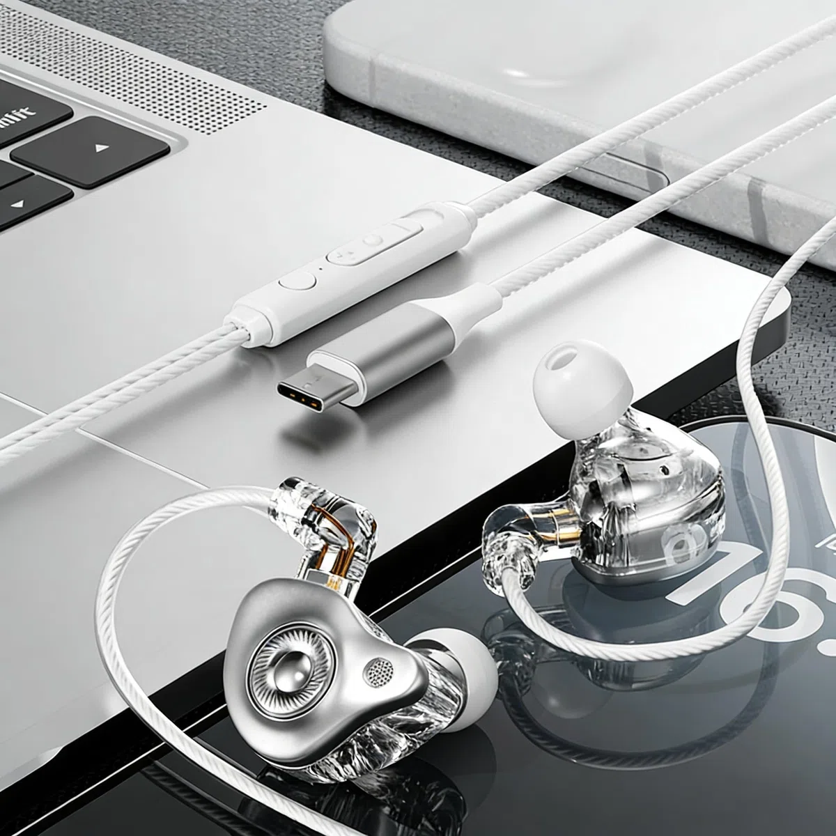 Cuffie USB C cablate per iPhone 17 16 15 Pro Max Plus 16e Air Samsung Buds S26 S25 Ultra S24 Auricolari in-ear con microfono - Cancellazione del rumore Tipo C Auricolari cablati Over-Ear con cavo