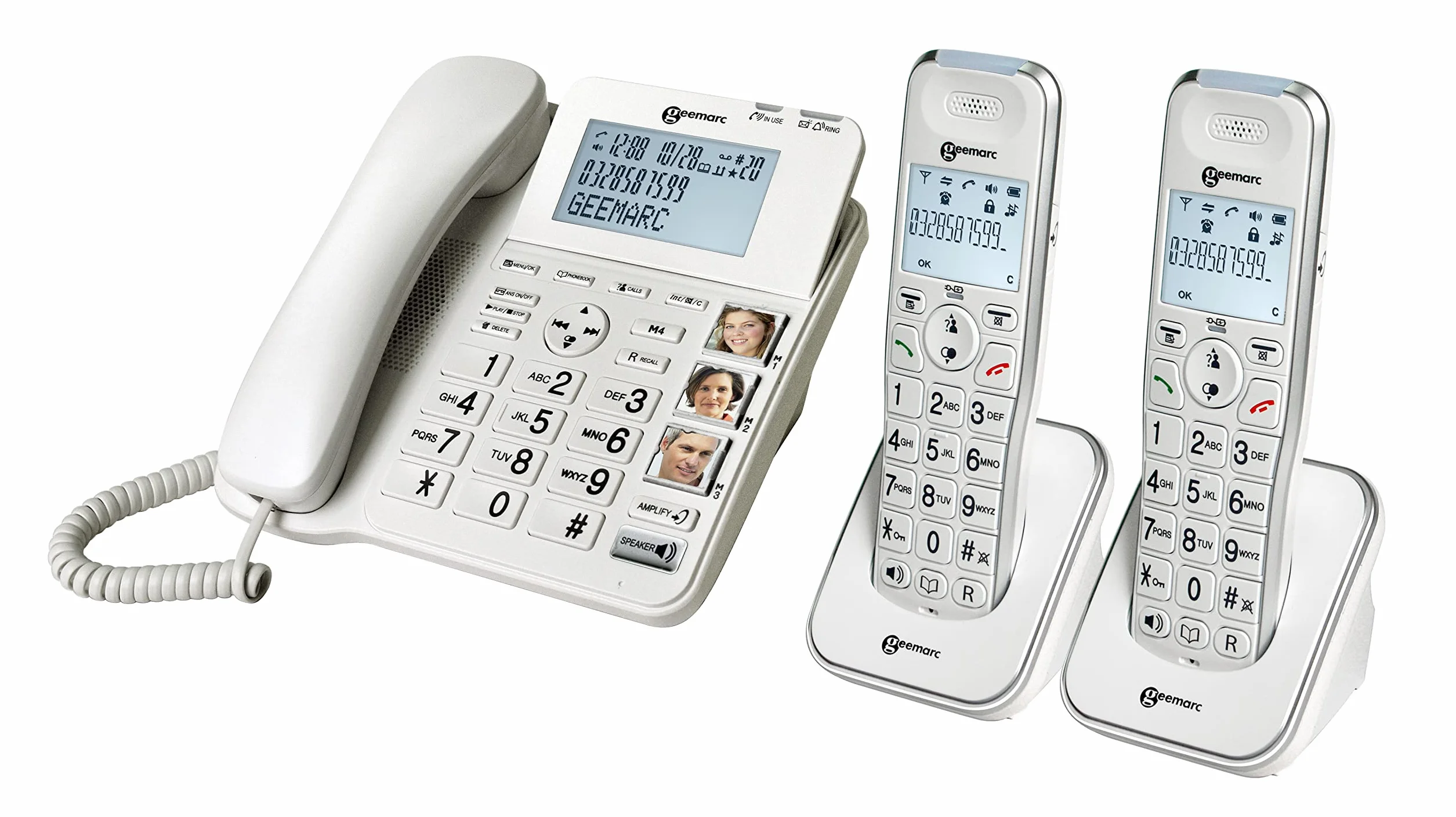 Geemarc Amplidect 295 Combi Duo - Telefono Fisso Amplificato e Relativi Portatili Aggiuntivi con Segreteria Telefonica, Squillo Forte e Tasti Grandi per Anziani - Ipoacusia Media o Bassa - Versione IT