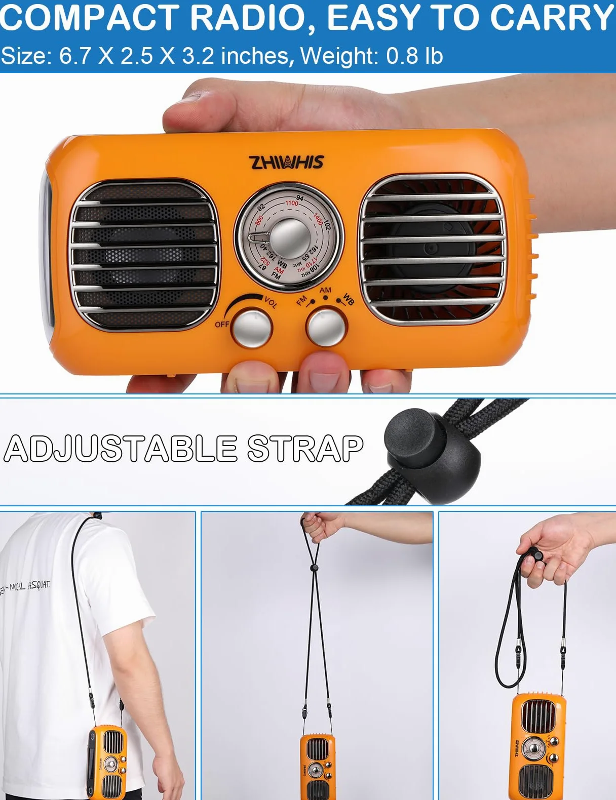 ZHIWHIS ZWS-380 - Radio di emergenza con ventilatore portatile, radio meteorologiche AM/FM/WB con sirena SOS, manovella, pannello solare, 4000 mAh, power bank, manopola rotante, ricevitore retrò