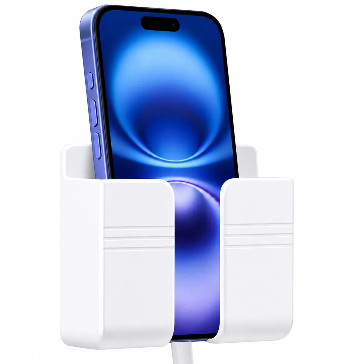 D1 Supporto da parete per telefono, supporto per telefono con adesivo e cavo dati, supporto per doccia, ricarica, camper, compatibile con iPhone, telecomando TV, smartphone e altro (bianco)