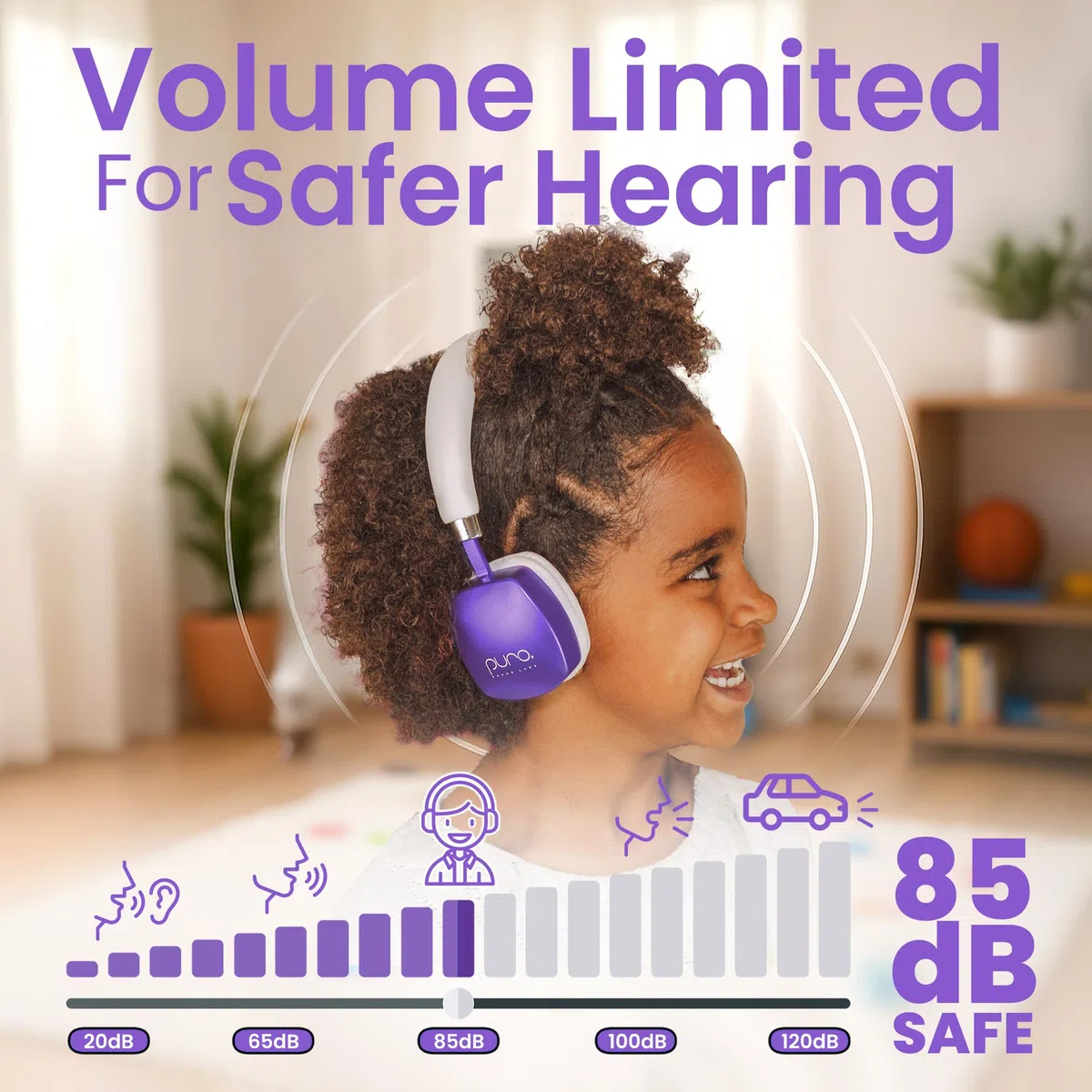 Puro Sound Labs PuroQuiet Plus, cuffie Bluetooth ANC per bambini, con microfono e suono sicuro, qualità studio (viola)