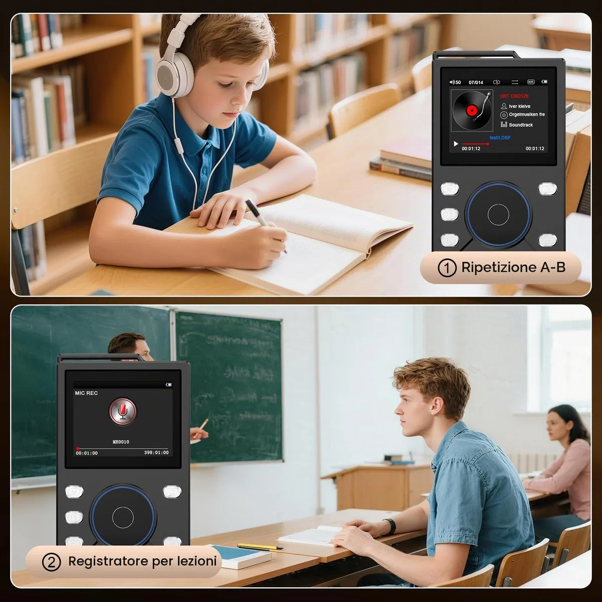 Gueray Lettore MP3 HIFI 16GB con Bluetooth 5.3 - Lettore Audio Digitale Alta Risoluzione Senza Perdita, Supporto Radio FM, Registratore Vocale, Scheda di Memoria da 64GB (Espandibile fino a 256GB)