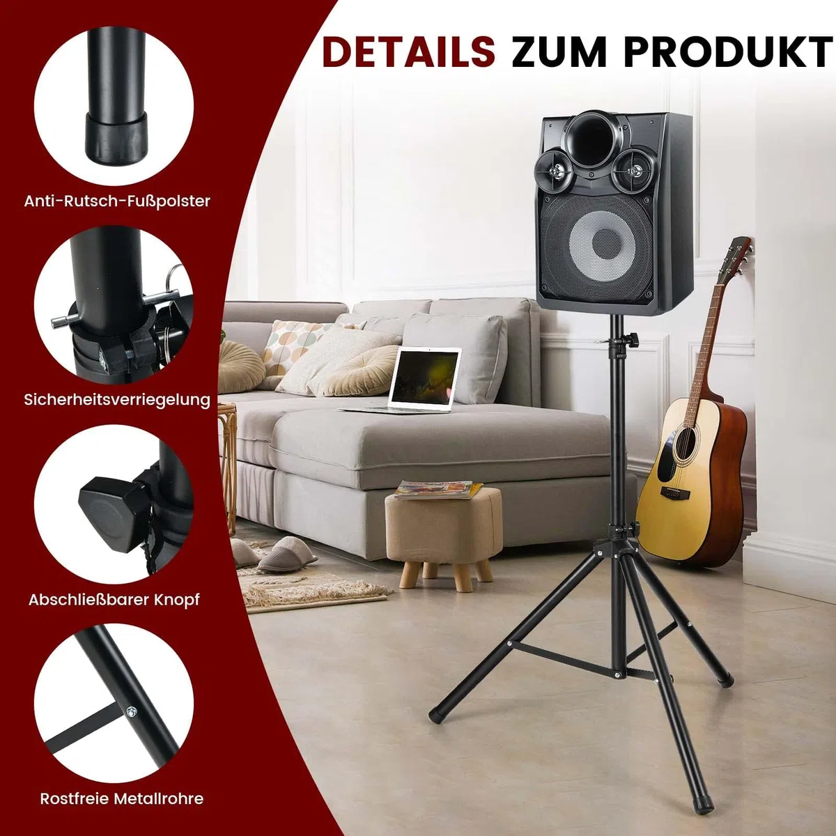 FANTASK Treppiede per boxe, supporto per altoparlanti, regolabile in altezza da 122 a 186 cm, portata fino a 50 kg, per sala musica, sale conferenze, studio, 186 L x 35 B x 186 cm, nero