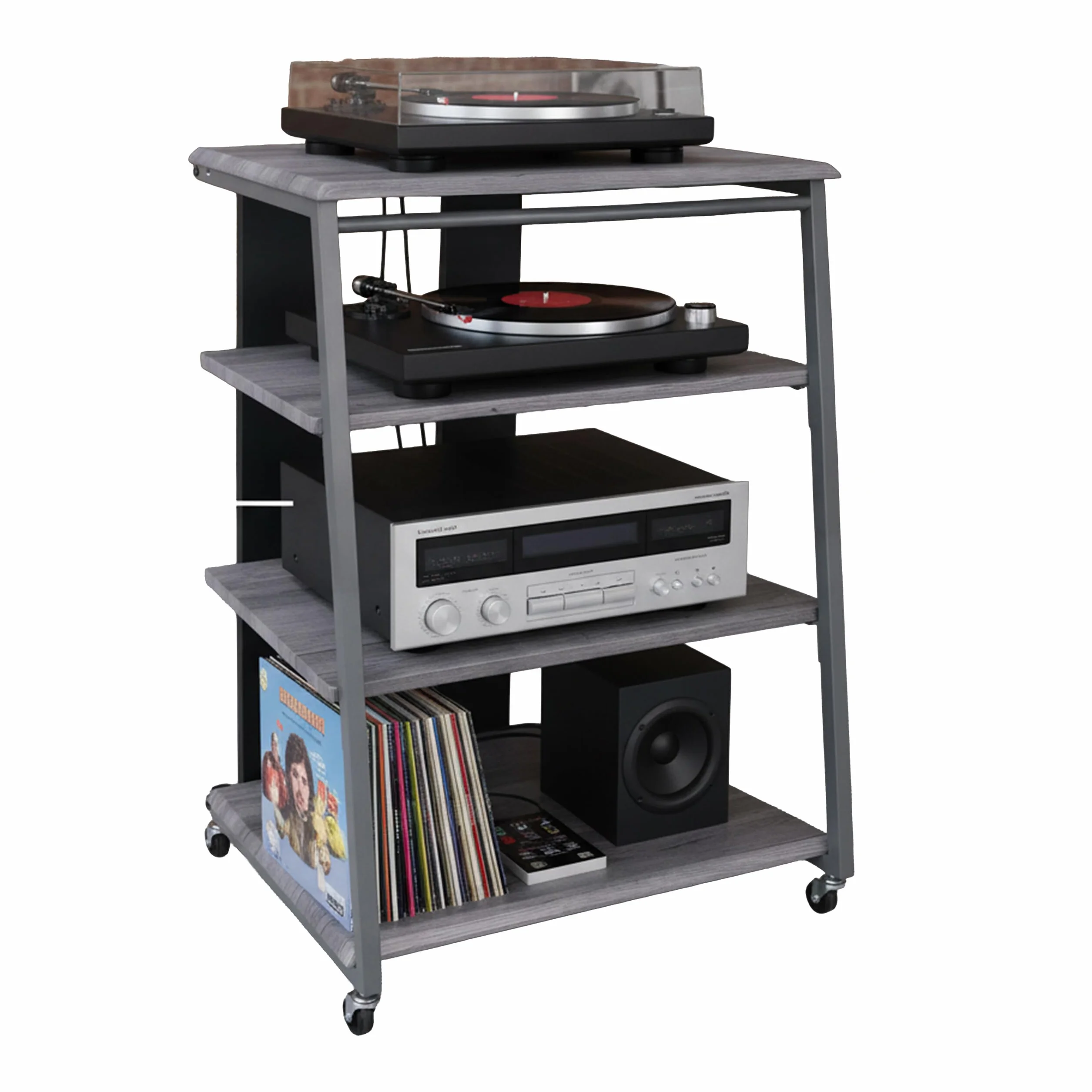 Relaxdays HiFi-Rack, 4 Ripiani per Giradischi e Stereo, Ferro/MDF, 78x61x52 cm, scaffale multimediale Grigio