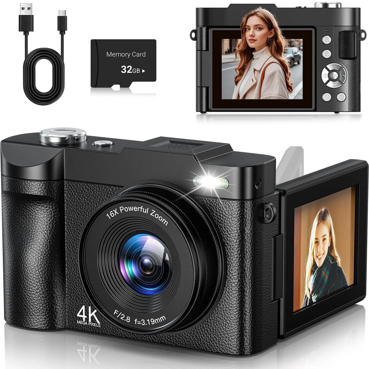 Fotocamera digitale 4K 50MP Autofocus Vlogging Camera 2.8 '180 ° Flip Screen con zoom digitale 16X Fotocamera digitale compatta con scheda da 32 GB per adolescenti principianti