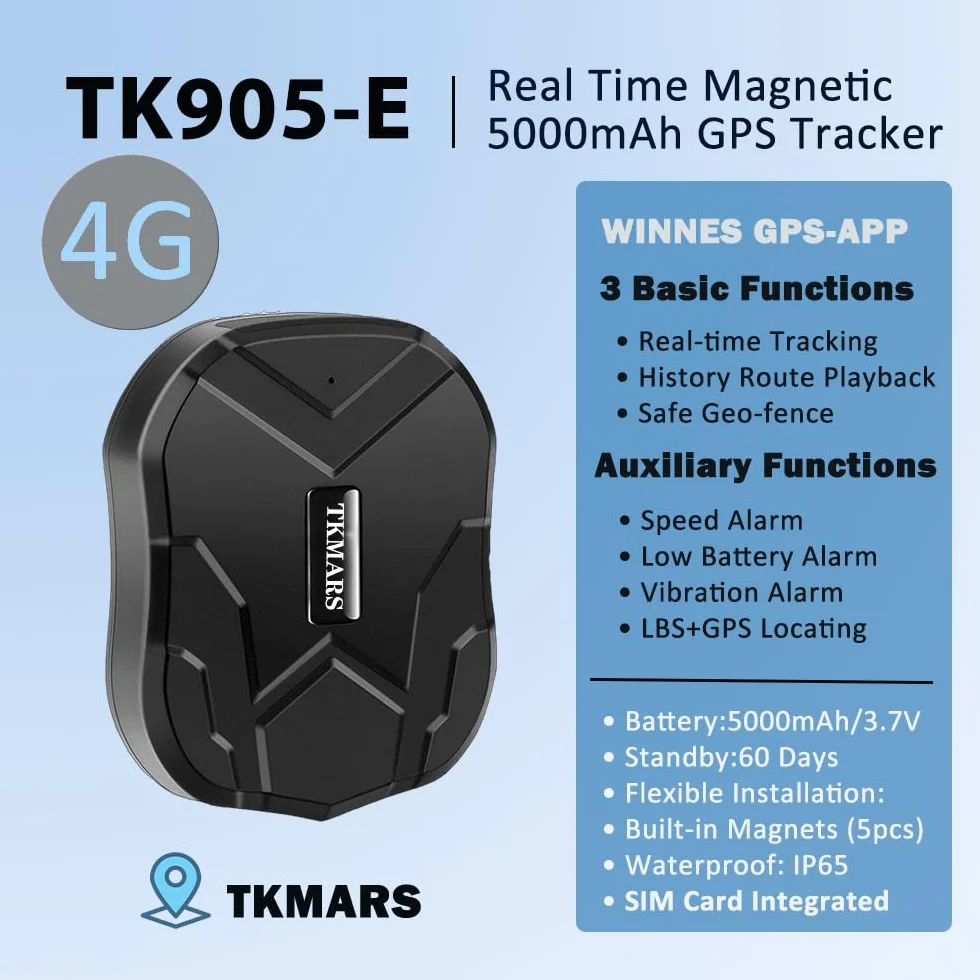 Localizzatore GPS per auto 4G TK905E con scheda SIM, batteria da 5000 mAh Localizzatore antifurto 4G con forte magnete nascosto, allarme a vibrazione, limite di velocità e localizzatore GPS Geo-Fence