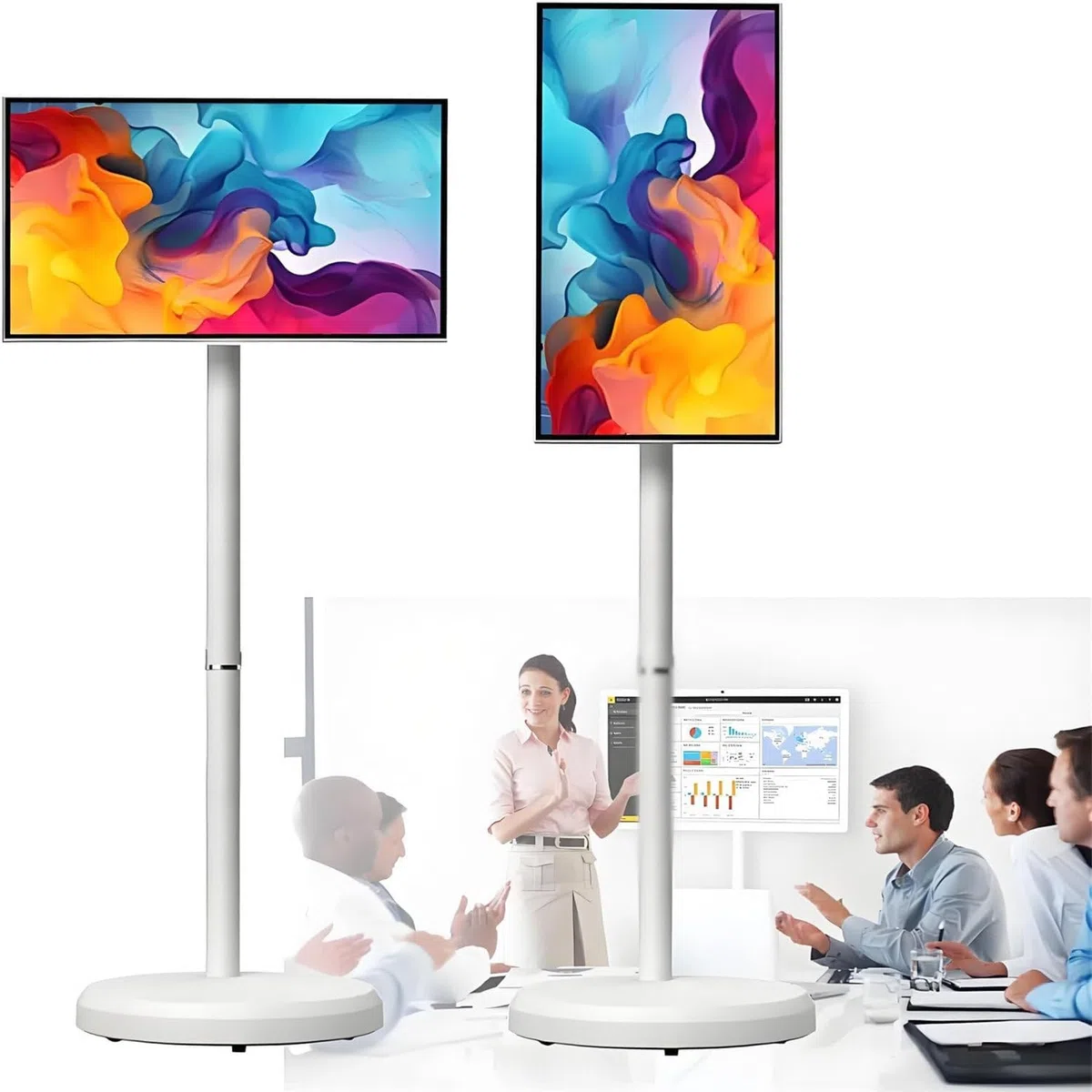 Smart TV touch screen wireless portatile 1080p su ruote, 24 pollici, supporto da pavimento regolabile, rotazione a 360°, 8 G RAM, memoria 128 G, ideale per uso domestico e ufficio