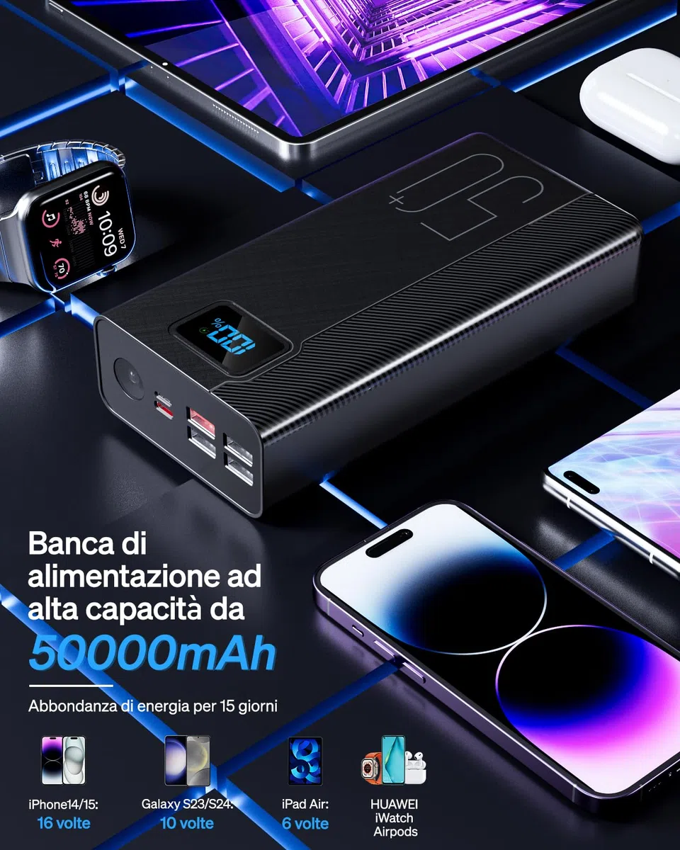 50000mAh Power Bank con cavo integrato: batteria esterna da 22,5 W a ricarica rapida con grande capacità, caricatore portatile con torcia a LED e 7 uscite e 3 ingressi-50000mAh Power Bank